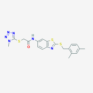molecular formula C20H20N6OS3 B260781 N-{2-[(2,4-dimethylbenzyl)sulfanyl]-1,3-benzothiazol-6-yl}-2-[(1-methyl-1H-tetraazol-5-yl)sulfanyl]acetamide 