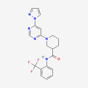 molecular formula C20H19F3N6O B2608051 1-(6-(1H-pyrazol-1-yl)pyrimidin-4-yl)-N-(2-(trifluoromethyl)phenyl)piperidine-3-carboxamide CAS No. 1334370-02-3