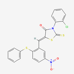 molecular formula C22H13ClN2O3S3 B2608124 (5Z)-3-(2-chlorophenyl)-5-{[5-nitro-2-(phenylsulfanyl)phenyl]methylidene}-2-sulfanylidene-1,3-thiazolidin-4-one CAS No. 329078-98-0