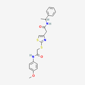 molecular formula C22H23N3O3S2 B2608218 N-(4-methoxyphenyl)-2-((4-(2-oxo-2-((1-phenylethyl)amino)ethyl)thiazol-2-yl)thio)acetamide CAS No. 941961-96-2