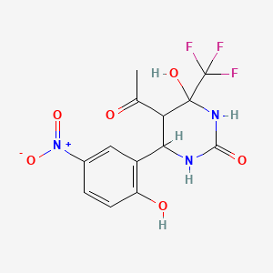 molecular formula C13H12F3N3O6 B2608239 5-Acetyl-4-hydroxy-6-(2-hydroxy-5-nitrophenyl)-4-(trifluoromethyl)-1,3-diazinan-2-one CAS No. 1005264-46-9