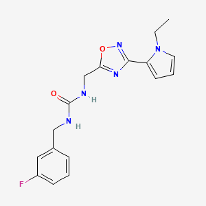 molecular formula C17H18FN5O2 B2608322 1-((3-(1-ethyl-1H-pyrrol-2-yl)-1,2,4-oxadiazol-5-yl)methyl)-3-(3-fluorobenzyl)urea CAS No. 2034550-72-4