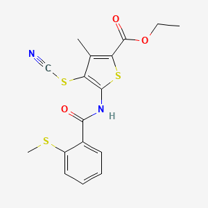 molecular formula C17H16N2O3S3 B2608379 Ethyl 3-methyl-5-(2-(methylthio)benzamido)-4-thiocyanatothiophene-2-carboxylate CAS No. 896349-64-7