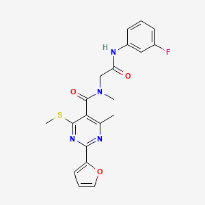 molecular formula C20H19FN4O3S B2608412 N-(3-fluorophenyl)-2-{1-[2-(furan-2-yl)-4-methyl-6-(methylsulfanyl)pyrimidin-5-yl]-N-methylformamido}acetamide CAS No. 1090541-17-5
