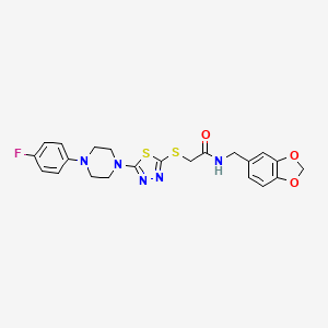 molecular formula C22H22FN5O3S2 B2608424 N-(benzo[d][1,3]dioxol-5-ylmethyl)-2-((5-(4-(4-fluorophenyl)piperazin-1-yl)-1,3,4-thiadiazol-2-yl)thio)acetamide CAS No. 1105252-06-9