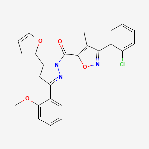 molecular formula C25H20ClN3O4 B2608430 3-(2-chlorophenyl)-5-[5-(furan-2-yl)-3-(2-methoxyphenyl)-4,5-dihydro-1H-pyrazole-1-carbonyl]-4-methyl-1,2-oxazole CAS No. 865612-16-4