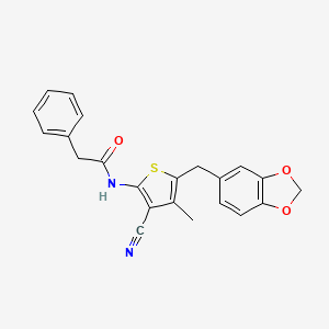 molecular formula C22H18N2O3S B2608439 N-(5-(benzo[d][1,3]dioxol-5-ylmethyl)-3-cyano-4-methylthiophen-2-yl)-2-phenylacetamide CAS No. 476367-78-9