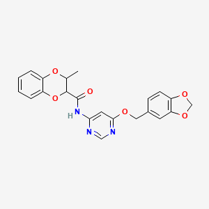 molecular formula C22H19N3O6 B2608545 N-(6-(benzo[d][1,3]dioxol-5-ylmethoxy)pyrimidin-4-yl)-3-methyl-2,3-dihydrobenzo[b][1,4]dioxine-2-carboxamide CAS No. 1396868-54-4