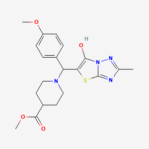molecular formula C20H24N4O4S B2608645 Methyl 1-((6-hydroxy-2-methylthiazolo[3,2-b][1,2,4]triazol-5-yl)(4-methoxyphenyl)methyl)piperidine-4-carboxylate CAS No. 851810-23-6