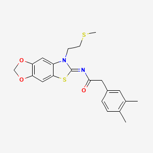 molecular formula C21H22N2O3S2 B2608662 2-(3,4-dimethylphenyl)-N-[7-(2-methylsulfanylethyl)-[1,3]dioxolo[4,5-f][1,3]benzothiazol-6-ylidene]acetamide CAS No. 1005943-24-7