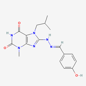 molecular formula C17H20N6O3 B2608666 (E)-8-(2-(4-hydroxybenzylidene)hydrazinyl)-7-isobutyl-3-methyl-1H-purine-2,6(3H,7H)-dione CAS No. 682776-51-8