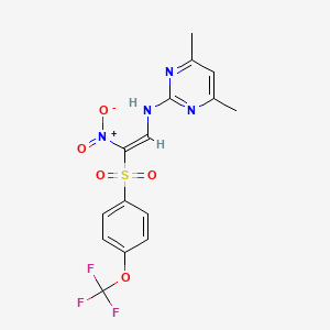 molecular formula C15H13F3N4O5S B2608815 2-((4,6-Dimethylpyrimidin-2-YL)amino)-1-nitro-1-((4-(trifluoromethoxy)phenyl)sulfonyl)ethene CAS No. 1025681-49-5