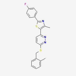 molecular formula C22H18FN3S2 B2608829 2-(4-Fluorophenyl)-4-methyl-5-(6-((2-methylbenzyl)thio)pyridazin-3-yl)thiazole CAS No. 923244-91-1