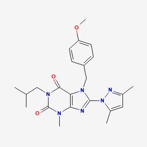 molecular formula C23H28N6O3 B2608838 8-(3,5-dimethyl-1H-pyrazol-1-yl)-1-isobutyl-7-(4-methoxybenzyl)-3-methyl-1H-purine-2,6(3H,7H)-dione CAS No. 1172327-48-8