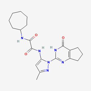 molecular formula C20H26N6O3 B2608866 N1-cycloheptyl-N2-(3-methyl-1-(4-oxo-4,5,6,7-tetrahydro-3H-cyclopenta[d]pyrimidin-2-yl)-1H-pyrazol-5-yl)oxalamide CAS No. 1014047-40-5