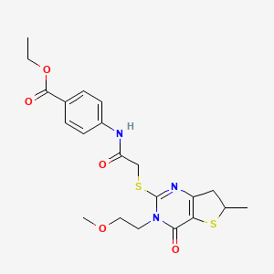 molecular formula C21H25N3O5S2 B2609226 ethyl 4-(2-{[3-(2-methoxyethyl)-6-methyl-4-oxo-3H,4H,6H,7H-thieno[3,2-d]pyrimidin-2-yl]sulfanyl}acetamido)benzoate CAS No. 851410-00-9