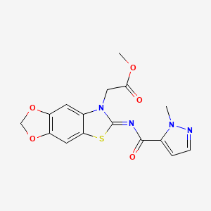 molecular formula C16H14N4O5S B2609673 methyl 2-[6-(2-methylpyrazole-3-carbonyl)imino-[1,3]dioxolo[4,5-f][1,3]benzothiazol-7-yl]acetate CAS No. 1173618-01-3