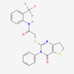 molecular formula C21H16F3N3O2S2 B2610184 2-((4-oxo-3-phenyl-3,4,6,7-tetrahydrothieno[3,2-d]pyrimidin-2-yl)thio)-N-(2-(trifluoromethyl)phenyl)acetamide CAS No. 686770-20-7