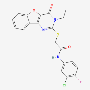 molecular formula C20H15ClFN3O3S B2610497 N-(3-chloro-4-fluorophenyl)-2-((3-ethyl-4-oxo-3,4-dihydrobenzofuro[3,2-d]pyrimidin-2-yl)thio)acetamide CAS No. 923257-57-2
