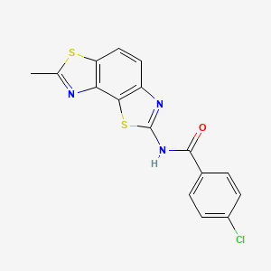 molecular formula C16H10ClN3OS2 B2610682 4-chloro-N-{11-methyl-3,10-dithia-5,12-diazatricyclo[7.3.0.0^{2,6}]dodeca-1(9),2(6),4,7,11-pentaen-4-yl}benzamide CAS No. 361482-01-1