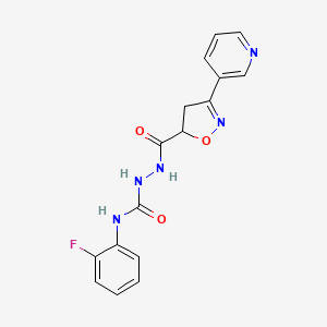 molecular formula C16H14FN5O3 B2610684 N-(2-fluorophenyl)-2-{[3-(3-pyridinyl)-4,5-dihydro-5-isoxazolyl]carbonyl}-1-hydrazinecarboxamide CAS No. 478078-24-9