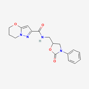 molecular formula C17H18N4O4 B2611126 N-((2-oxo-3-phenyloxazolidin-5-yl)methyl)-6,7-dihydro-5H-pyrazolo[5,1-b][1,3]oxazine-2-carboxamide CAS No. 1448046-39-6