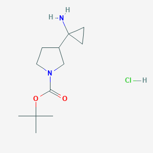 molecular formula C12H23ClN2O2 B2611162 Tert-butyl 3-(1-aminocyclopropyl)pyrrolidine-1-carboxylate hydrochloride CAS No. 2155855-57-3