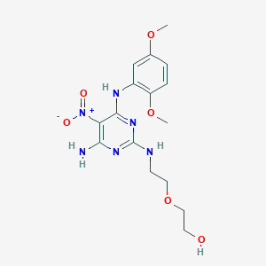 molecular formula C16H22N6O6 B2611254 2-(2-((4-Amino-6-((2,5-dimethoxyphenyl)amino)-5-nitropyrimidin-2-yl)amino)ethoxy)ethanol CAS No. 674294-16-7