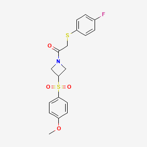 molecular formula C18H18FNO4S2 B2611259 2-((4-Fluorophenyl)thio)-1-(3-((4-methoxyphenyl)sulfonyl)azetidin-1-yl)ethanone CAS No. 1705792-09-1