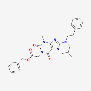molecular formula C27H29N5O4 B2611527 benzyl 2-(1,7-dimethyl-2,4-dioxo-9-phenethyl-1,2,6,7,8,9-hexahydropyrimido[2,1-f]purin-3(4H)-yl)acetate CAS No. 877616-35-8