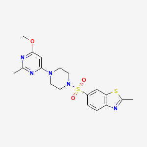 molecular formula C18H21N5O3S2 B2611718 6-((4-(6-Methoxy-2-methylpyrimidin-4-yl)piperazin-1-yl)sulfonyl)-2-methylbenzo[d]thiazole CAS No. 1251565-66-8