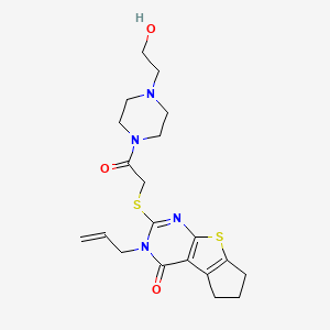 molecular formula C20H26N4O3S2 B2611825 3-allyl-2-((2-(4-(2-hydroxyethyl)piperazin-1-yl)-2-oxoethyl)thio)-6,7-dihydro-3H-cyclopenta[4,5]thieno[2,3-d]pyrimidin-4(5H)-one CAS No. 315695-58-0