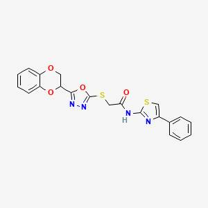 molecular formula C21H16N4O4S2 B2611843 2-((5-(2,3-dihydrobenzo[b][1,4]dioxin-2-yl)-1,3,4-oxadiazol-2-yl)thio)-N-(4-phenylthiazol-2-yl)acetamide CAS No. 851130-06-8