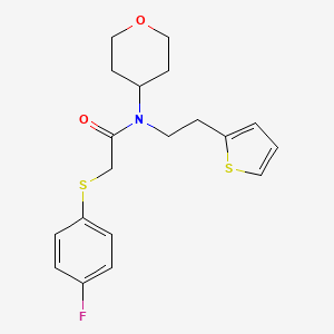 molecular formula C19H22FNO2S2 B2611859 2-((4-fluorophenyl)thio)-N-(tetrahydro-2H-pyran-4-yl)-N-(2-(thiophen-2-yl)ethyl)acetamide CAS No. 1798543-78-8