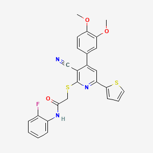 molecular formula C26H20FN3O3S2 B2611902 2-[3-cyano-4-(3,4-dimethoxyphenyl)-6-thiophen-2-ylpyridin-2-yl]sulfanyl-N-(2-fluorophenyl)acetamide CAS No. 690961-85-4