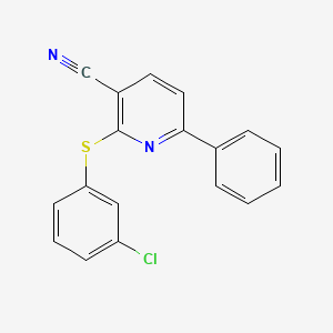 molecular formula C18H11ClN2S B2612221 2-[(3-Chlorophenyl)sulfanyl]-6-phenylnicotinonitrile CAS No. 252058-95-0