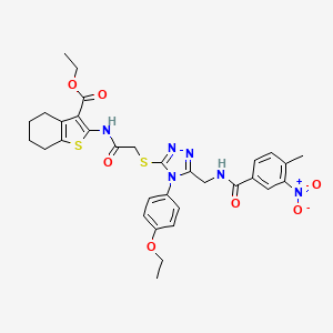 molecular formula C32H34N6O7S2 B2612275 ETHYL 2-(2-{[4-(4-ETHOXYPHENYL)-5-{[(4-METHYL-3-NITROPHENYL)FORMAMIDO]METHYL}-4H-1,2,4-TRIAZOL-3-YL]SULFANYL}ACETAMIDO)-4,5,6,7-TETRAHYDRO-1-BENZOTHIOPHENE-3-CARBOXYLATE CAS No. 393849-79-1