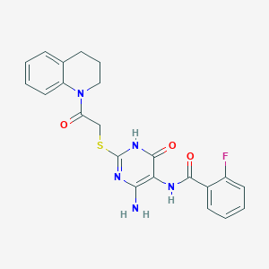 molecular formula C22H20FN5O3S B2612282 N-(4-amino-2-((2-(3,4-dihydroquinolin-1(2H)-yl)-2-oxoethyl)thio)-6-oxo-1,6-dihydropyrimidin-5-yl)-2-fluorobenzamide CAS No. 872597-22-3