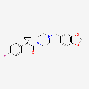 molecular formula C22H23FN2O3 B2612529 (4-(Benzo[d][1,3]dioxol-5-ylmethyl)piperazin-1-yl)(1-(4-fluorophenyl)cyclopropyl)methanone CAS No. 1091383-25-3