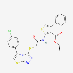 molecular formula C25H19ClN4O3S3 B2612735 ETHYL 2-(2-{[5-(4-CHLOROPHENYL)-[1,2,4]TRIAZOLO[3,4-B][1,3]THIAZOL-3-YL]SULFANYL}ACETAMIDO)-4-PHENYLTHIOPHENE-3-CARBOXYLATE CAS No. 671200-01-4