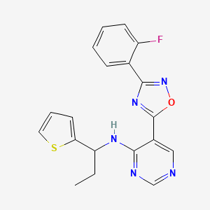 molecular formula C19H16FN5OS B2613064 5-(3-(2-fluorophenyl)-1,2,4-oxadiazol-5-yl)-N-(1-(thiophen-2-yl)propyl)pyrimidin-4-amine CAS No. 2034571-82-7