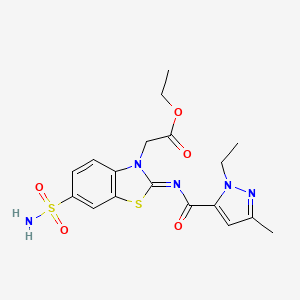 molecular formula C18H21N5O5S2 B2613135 (E)-ethyl 2-(2-((1-ethyl-3-methyl-1H-pyrazole-5-carbonyl)imino)-6-sulfamoylbenzo[d]thiazol-3(2H)-yl)acetate CAS No. 1203437-81-3