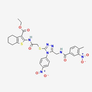 molecular formula C30H29N7O8S2 B2613342 ETHYL 2-{2-[(5-{[(4-METHYL-3-NITROPHENYL)FORMAMIDO]METHYL}-4-(4-NITROPHENYL)-4H-1,2,4-TRIAZOL-3-YL)SULFANYL]ACETAMIDO}-4,5,6,7-TETRAHYDRO-1-BENZOTHIOPHENE-3-CARBOXYLATE CAS No. 393849-83-7