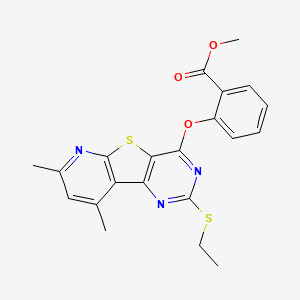 molecular formula C21H19N3O3S2 B2613386 methyl 2-[(4-ethylsulfanyl-11,13-dimethyl-8-thia-3,5,10-triazatricyclo[7.4.0.02,7]trideca-1(9),2(7),3,5,10,12-hexaen-6-yl)oxy]benzoate CAS No. 478065-72-4