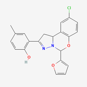 molecular formula C21H17ClN2O3 B2613420 2-(9-chloro-5-(furan-2-yl)-5,10b-dihydro-1H-benzo[e]pyrazolo[1,5-c][1,3]oxazin-2-yl)-4-methylphenol CAS No. 899728-95-1