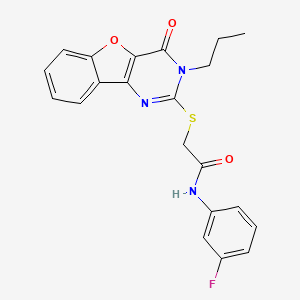 molecular formula C21H18FN3O3S B2613849 N-(3-fluorophenyl)-2-({6-oxo-5-propyl-8-oxa-3,5-diazatricyclo[7.4.0.0^{2,7}]trideca-1(9),2(7),3,10,12-pentaen-4-yl}sulfanyl)acetamide CAS No. 899755-74-9