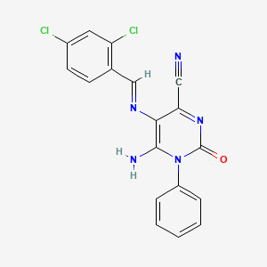 5-{[(E)-(2,4-dichlorophenyl)methylidene]amino}-6-imino-2-oxo-1-phenyl-1,2,3,6-tetrahydro-4-pyrimidinecarbonitrile