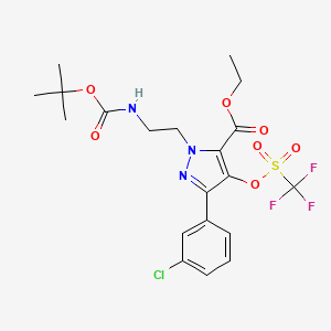 molecular formula C20H23ClF3N3O7S B2614053 Ethyl 1-(2-((tert-butoxycarbonyl)amino)ethyl)-3-(3-chlorophenyl)-4-(((trifluoromethyl)sulfonyl)oxy)-1H-pyrazole-5-carboxylate CAS No. 1956354-90-7
