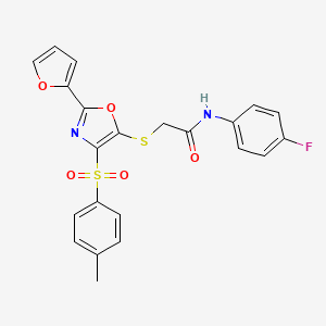 molecular formula C22H17FN2O5S2 B2614293 N-(4-Fluorophenyl)-2-{[2-(furan-2-YL)-4-(4-methylbenzenesulfonyl)-1,3-oxazol-5-YL]sulfanyl}acetamide CAS No. 686737-58-6