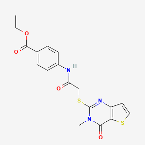 molecular formula C18H17N3O4S2 B2614364 ethyl 4-[2-({3-methyl-4-oxo-3H,4H-thieno[3,2-d]pyrimidin-2-yl}sulfanyl)acetamido]benzoate CAS No. 1252893-05-2